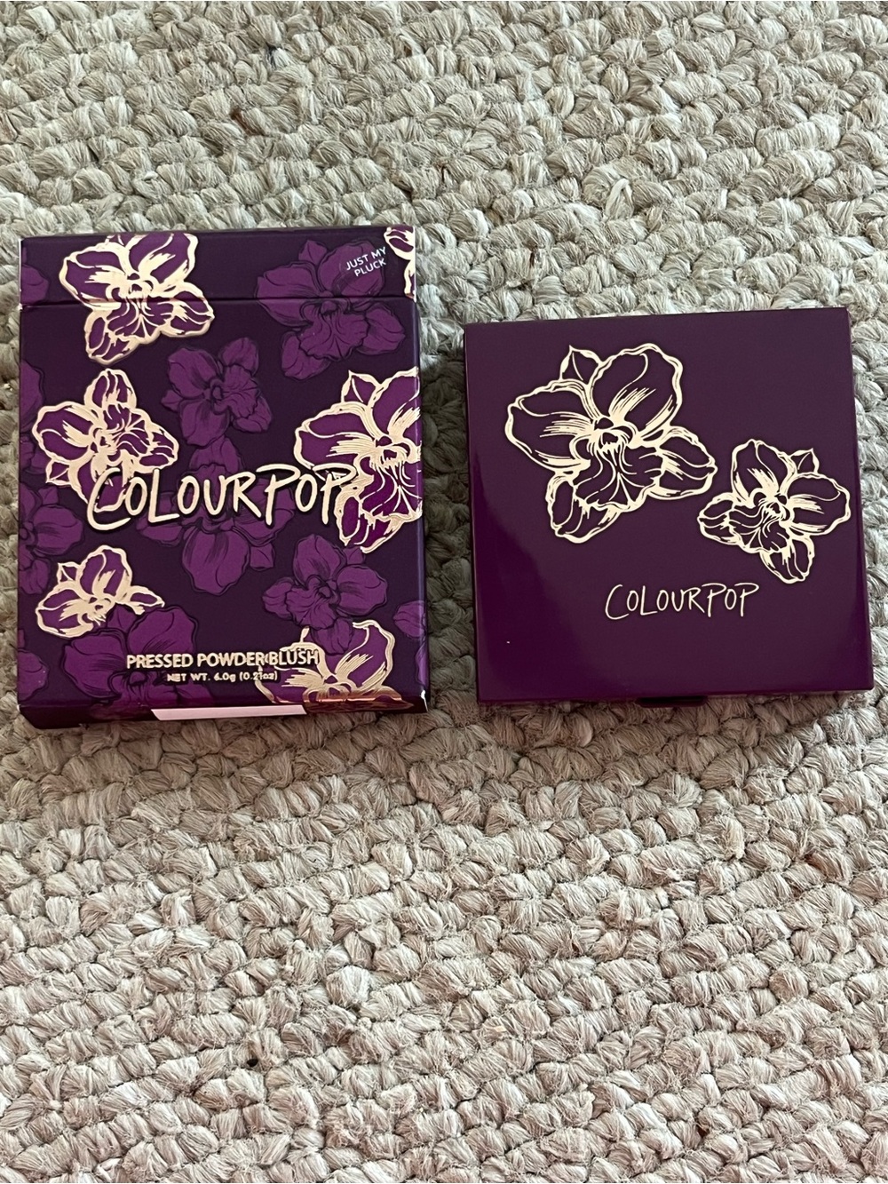 ColourPop Pressed Powder Blush — Deep Purple Packaging with Gold Floral Accents